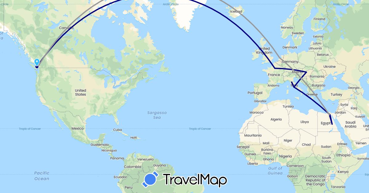 TravelMap itinerary: driving, plane, train, boat in Canada, Egypt, France, Hungary, Italy, Netherlands (Africa, Europe, North America)